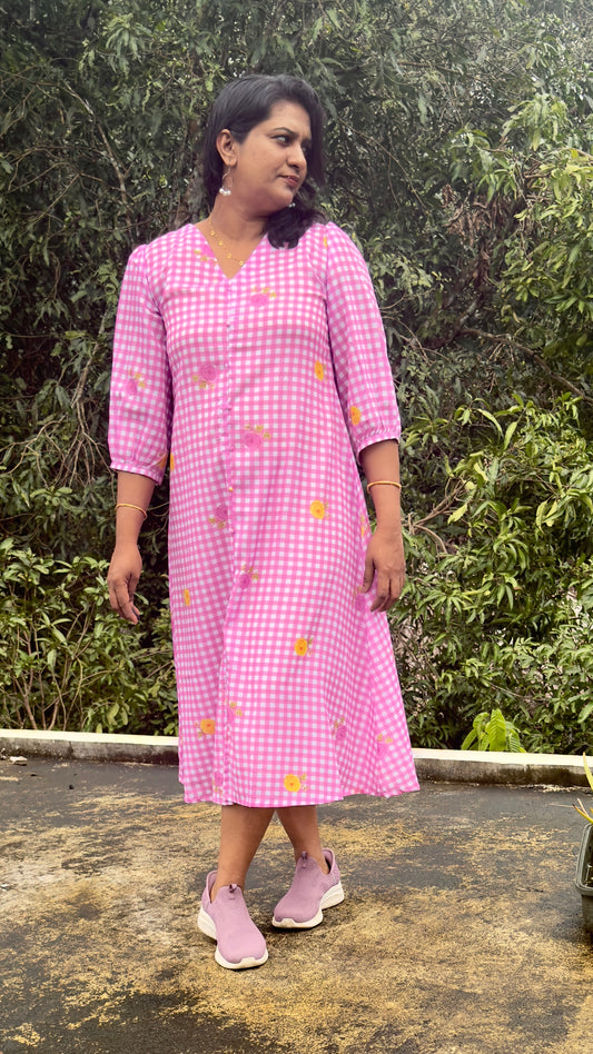 Rose color check A line mulcotton dress