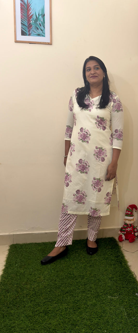 Purple & Off-White Pure Cotton Kurti Set – V-Neck Top with  Pant