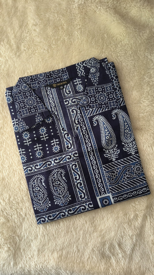 Blue Ethnic Printed Low-High Kurti for Women – Stylish Casual & Office Wear | MyTrexora
Women’s