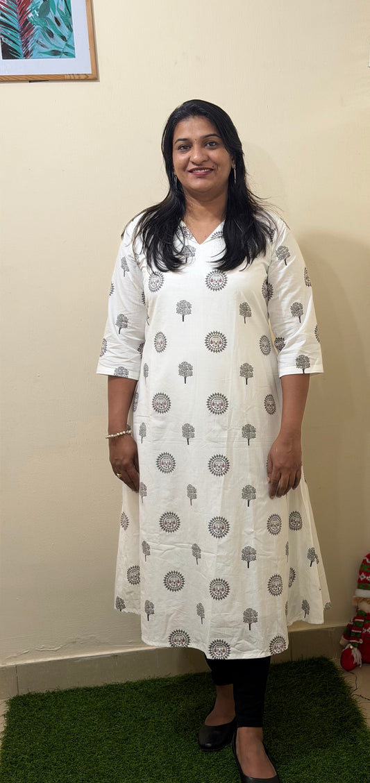 White Hand Block Printed Cotton Kurti for Women