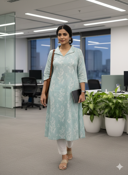 Light Mint Green Soft Cotton Kurti – Flap Neck