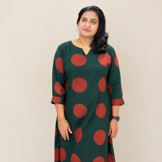 Forest Green Fabric with Large Coral Polka Dots A line dress