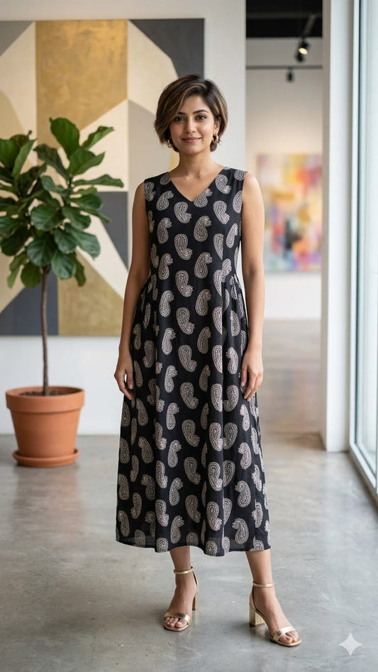 A line Black Sleeveless Paisley Print Kurti – Comfortable Daily Wear
