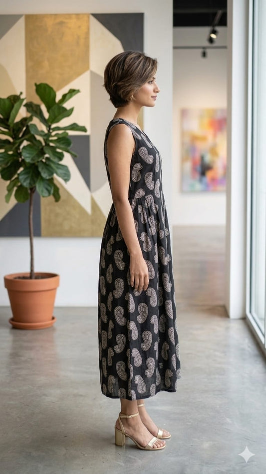 A line Black Sleeveless Paisley Print Kurti – Comfortable Daily Wear
