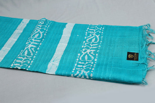 Aqua Blue Handblock Design Pure Cotton Saree