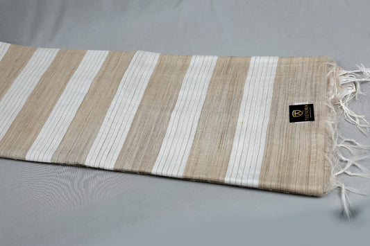 Pure Cotton Beige & White Woven Striped Saree with Leaf Motifs | TREXORA Soft Lightweight Daily Wear Saree