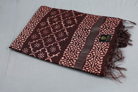 Pure Cotton Maroon Batik Print Saree with Checks & Floral Motifs | TREXORA Soft Lightweight Daily Wear Saree