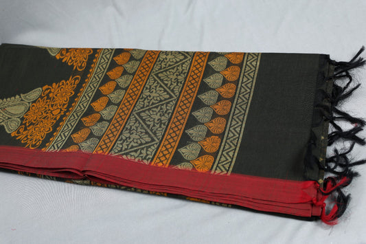 Trexora Pure Cotton Black Saree with Red Border & Ikat Motifs