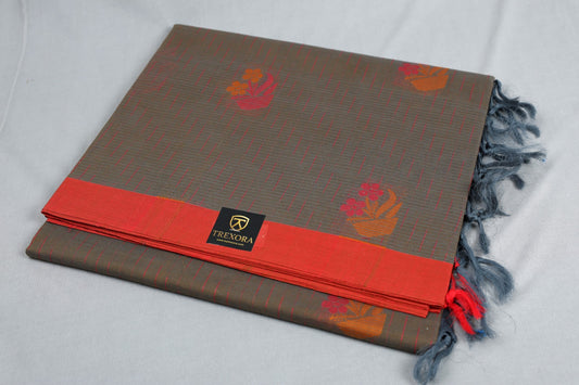 Pure Cotton Grey Floral Saree with Contrast Red Border & Tassels