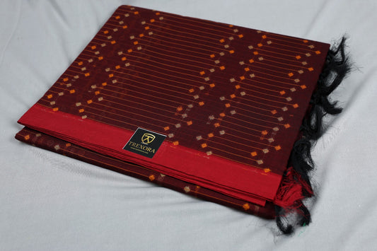 Pure Cotton Maroon Saree with Red Border & Ikat-Inspired Motifs