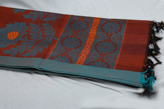 Pure Cotton Brown Saree with Teal Border & Orange Check Motifs