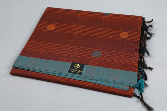 Pure Cotton Brown Saree with Teal Border & Orange Check Motifs