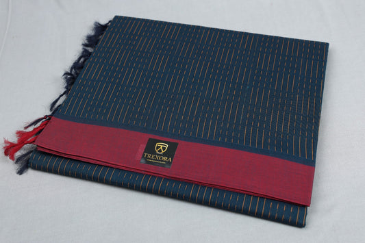 Premium Navy Blue Pure Cotton Saree with Maroon Border – TREXORA