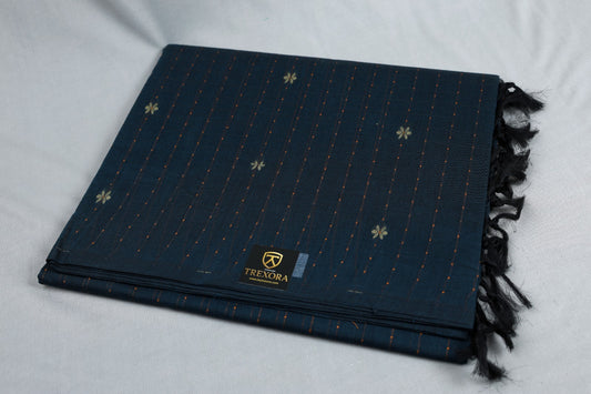 TREXORA Pure Cotton Navy Blue Saree with Orange Paisley & Traditional Border