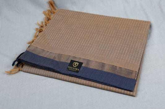 Elegant Light Brown Pure Cotton Saree with Navy Border – TREXORA