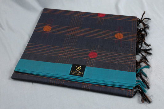 Premium Handloom Cotton Saree – Charcoal Black with Teal Border | Trexora