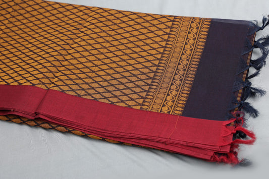 Trexora Navy Striped Cotton Saree with Classic Maroon Border