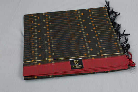 Trexora Pure Cotton Black Saree with Red Border & Ikat Motifs