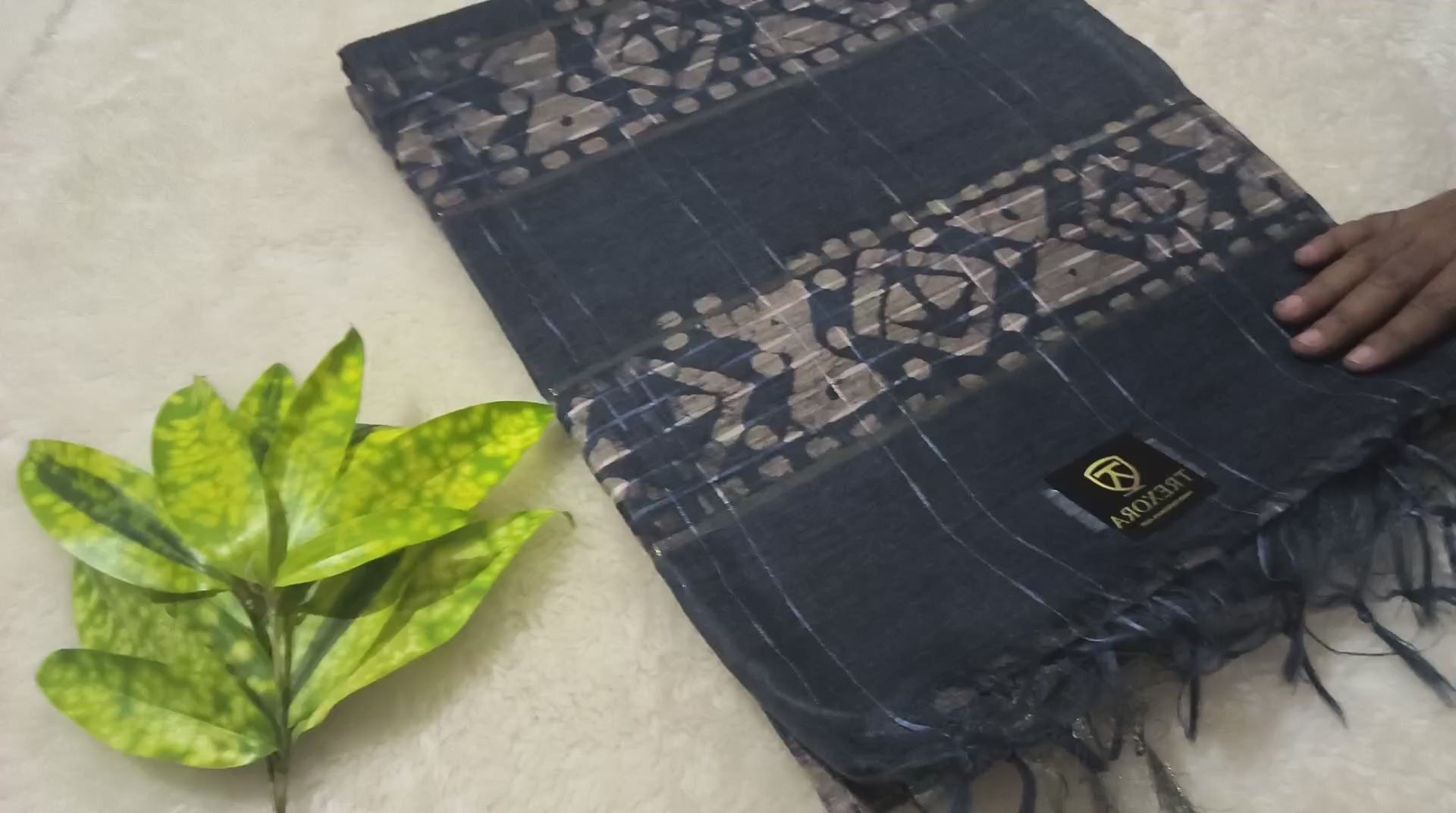 Trexora Blue & Beige Printed Cotton Saree with Artistic Motifs