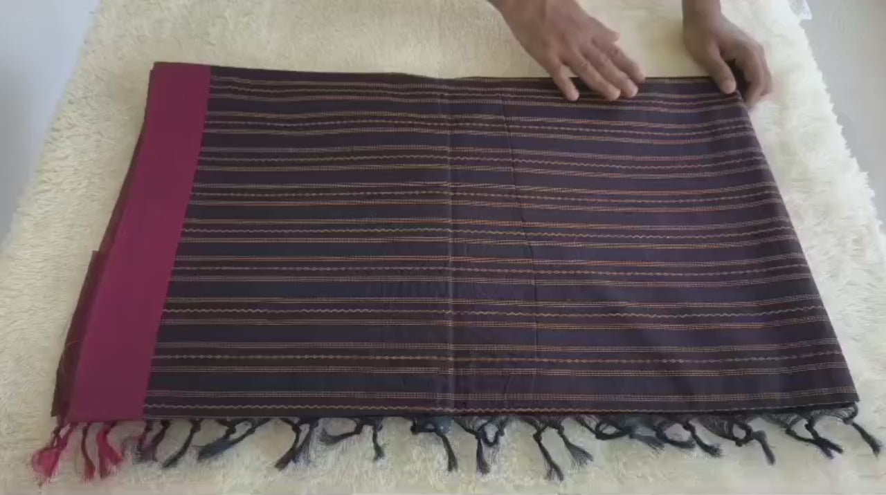 Trexora Navy Striped Cotton Saree with Classic Maroon Border
