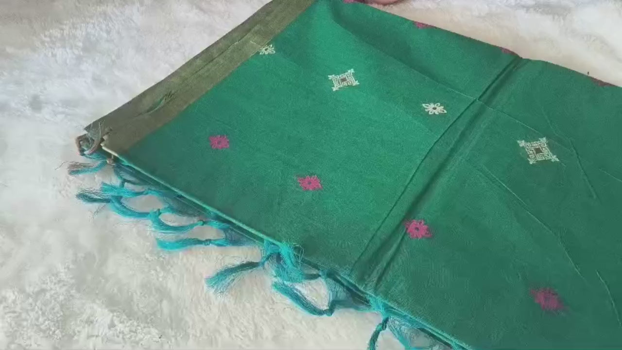 Teal Blue 100% Pure Cotton Saree with Blue-Green Contrast Border & Pink Geometric Pallu