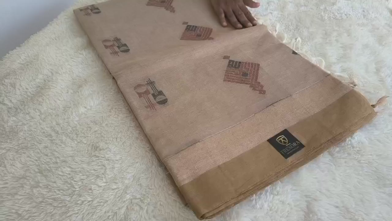 Sandal Colour 100% Pure Cotton Saree with Mustard Border