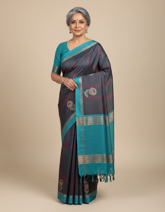 Pure Cotton Dark Grey Saree with Pink Floral Weaving & Teal Border | TREXORA Soft Daily Wear Saree