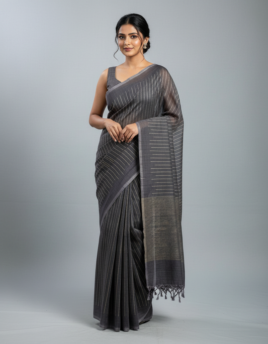 Trexora Grey Cotton Saree with Subtle Golden Stripes