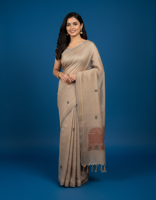 Pure Cotton Handloom Saree – Beige Body with Traditional Temple Motif & Subtle Grey Border | Trexora