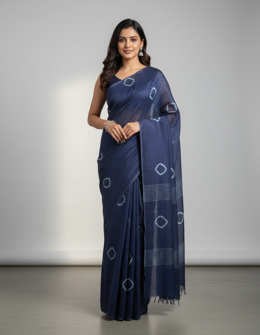 Pure Cotton Navy Blue Tie-Dye Saree with Subtle Sequin Highlights | TREXORA Soft Daily Wear Saree