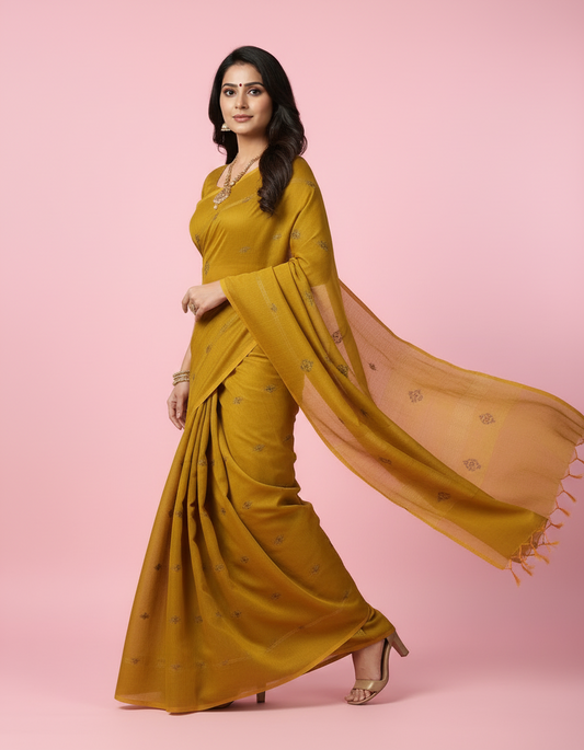 Mustard Yellow Pure Cotton Ikat Saree
