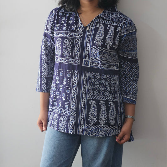 Blue Ethnic Printed Low-High Kurti for Women – Stylish Casual & Office Wear | MyTrexora
Women’s