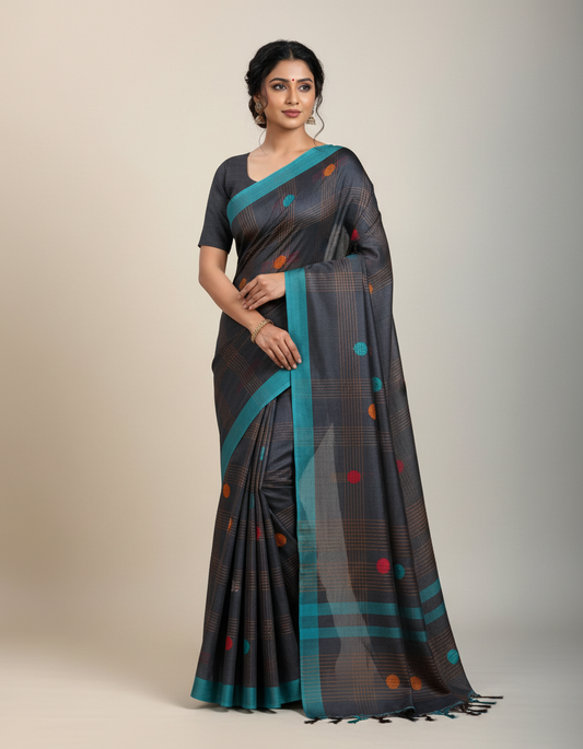 Premium Handloom Cotton Saree – Charcoal Black with Teal Border | Trexora