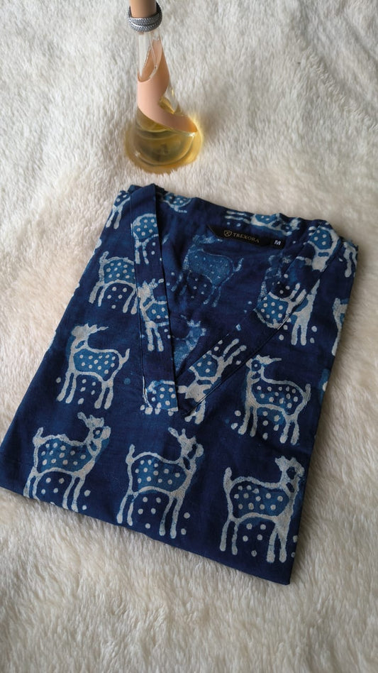 Indigo Hand Print Blue Slit Kurti – Deer Motif