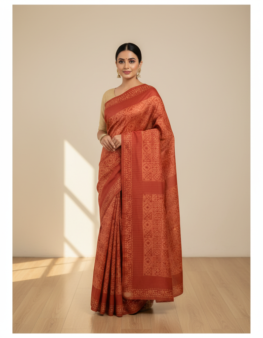 Pure Cotton Orange Bandhani-Style Saree with White Motifs & Tassel Pallu