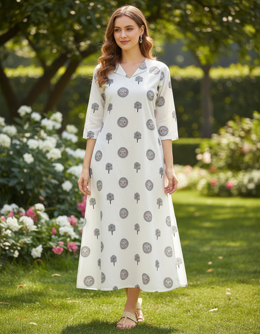 White Hand Block Printed Cotton Kurti for Women