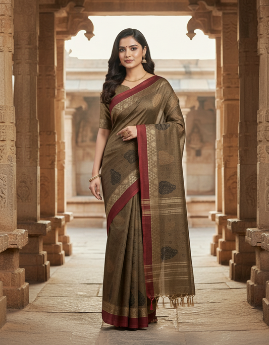 Brown & Maroon Paisley Weave Pure Cotton Saree