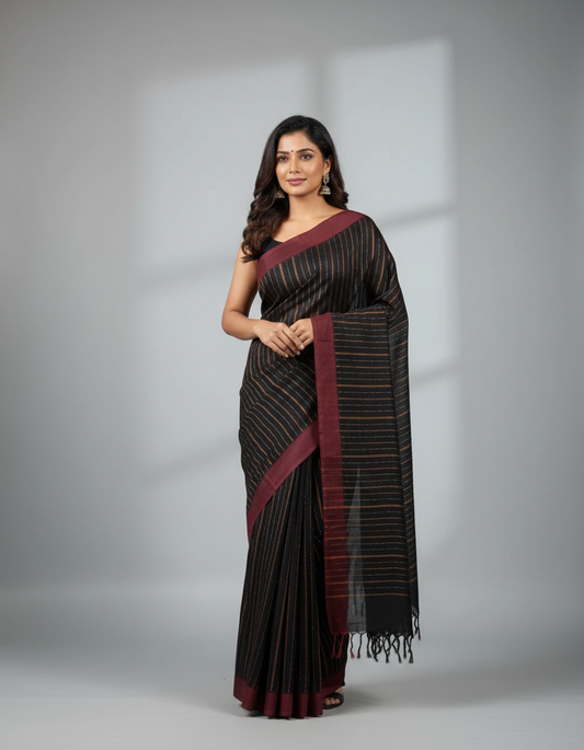 Pure Cotton Handloom Saree – Black with Golden Border & Mustard Woven Design