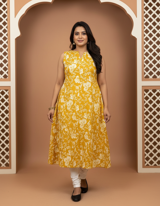 Yellow Vatican Foil Fabric A-Line Kurti – Sleeveless Top with Inner Cap Sleeve