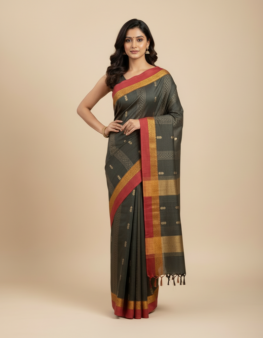 Black & Gold Striped Cotton Saree with Maroon Border – Trexora Premium Handloom Collection