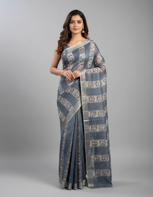 Trexora Blue & Beige Printed Cotton Saree with Artistic Motifs