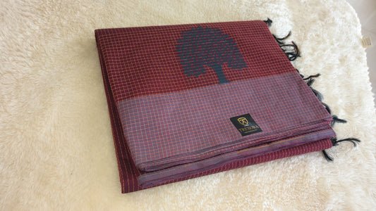 Maroon Cotton Saree with Tree Motif |  Traditional Saree for Festivals & Pujas