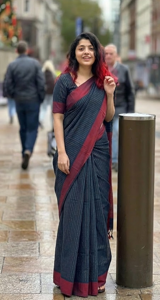 Premium Navy Blue Pure Cotton Saree with Maroon Border – TREXORA