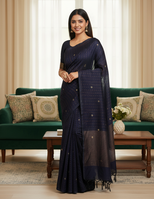 Pure Cotton Navy Blue Saree with Golden & Orange Paisley Design | TREXORA Soft Daily Wear Saree