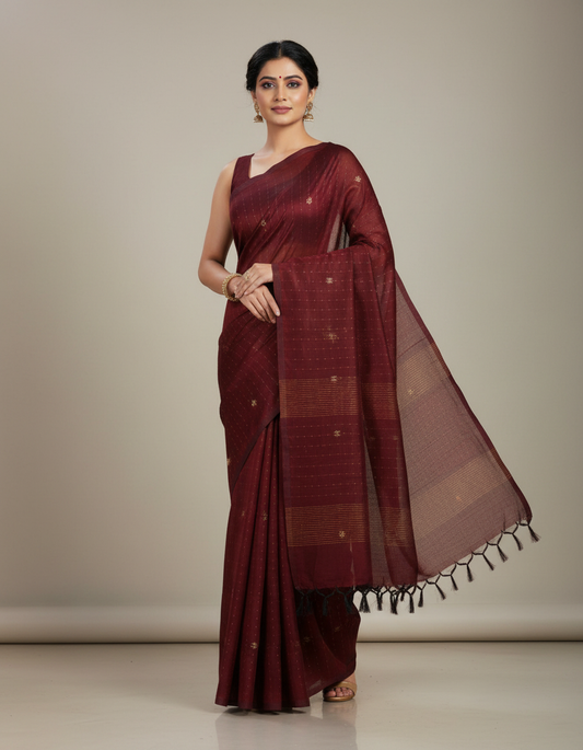Premium Coffee Brown Cotton Saree with Rich Orange Paisley Design