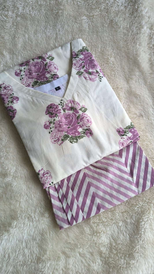 Purple & Off-White Pure Cotton Kurti Set – V-Neck Top with Semi-Parallel Pant