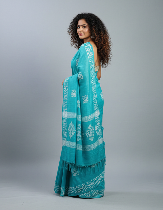 Aqua Blue Handblock Design Pure Cotton Saree