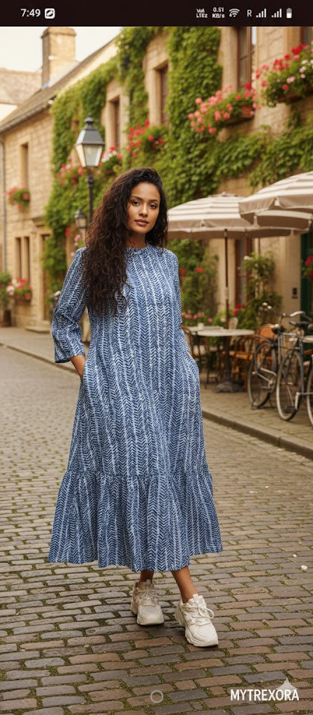 Elegant Blue Printed Cotton Long Kurti for Women – A-Line Tiered Casual Dress | MyTrexora