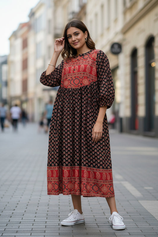 Red & Black Ajrakh Print Cotton A-Line Kurti – Free Size | MY Trexora/TRX_KUR_0020