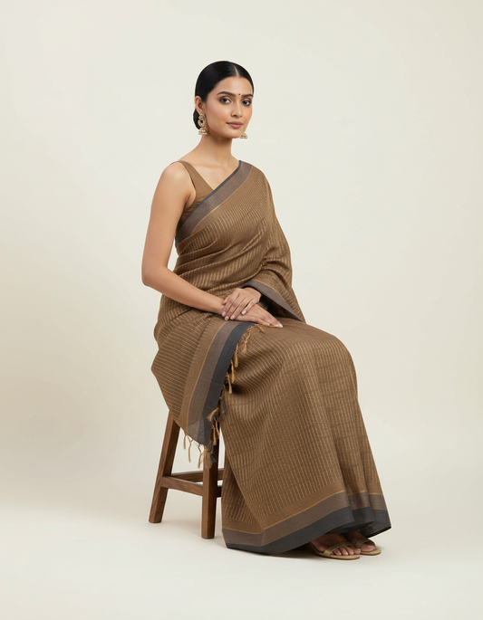 Pure Handloom Cotton Saree – Brown Body with Subtle Golden Stripes & Charcoal Border